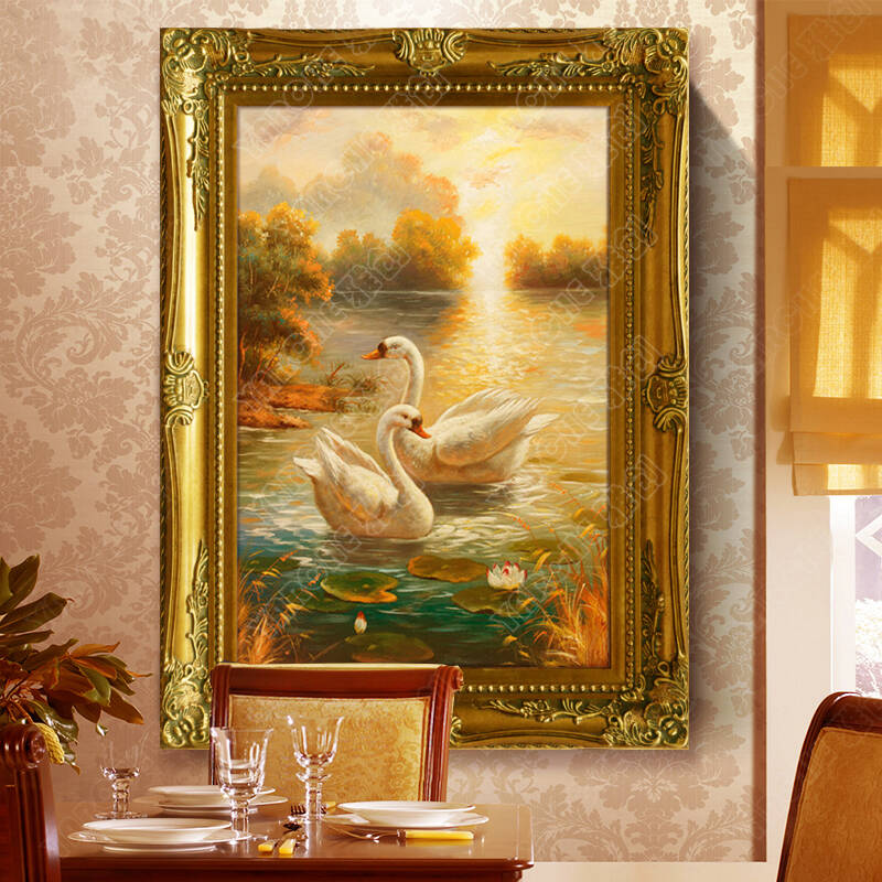 雅创 手绘油画风景装饰画客厅玄关壁画挂画有框竖版 天鹅湖 精湛装裱