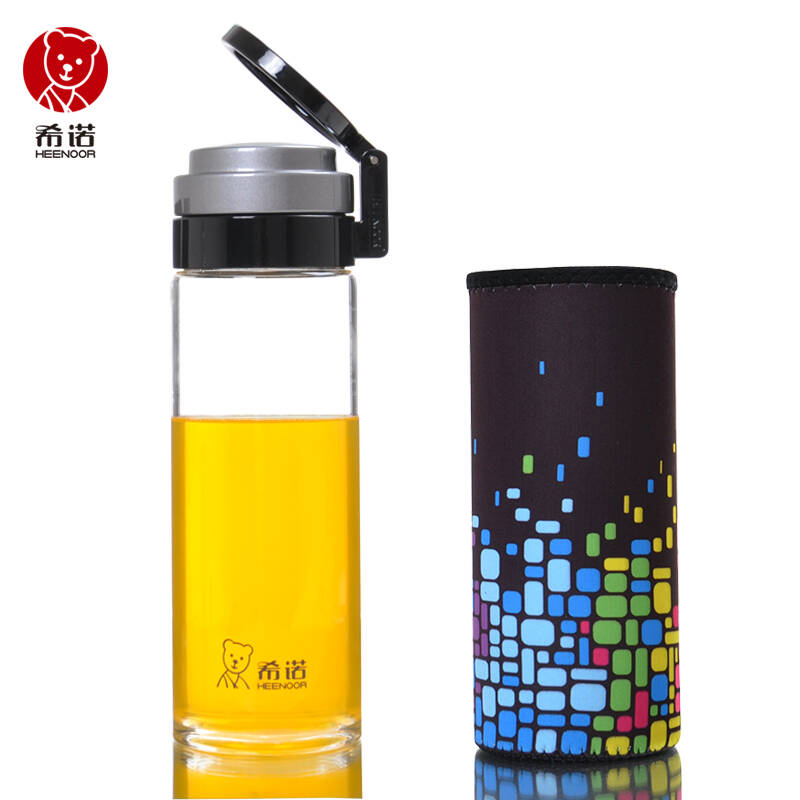 希诺玻璃杯 时尚运动水杯茶杯子 耐热创意带盖过滤网便携695ml大容量