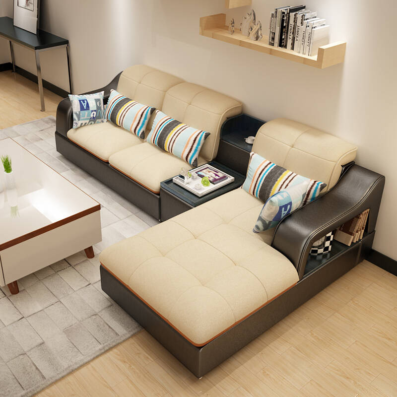 乐和居 布艺沙发 组合客厅 家具 可储物 可拆洗 皮艺扶手 酷黑米黄