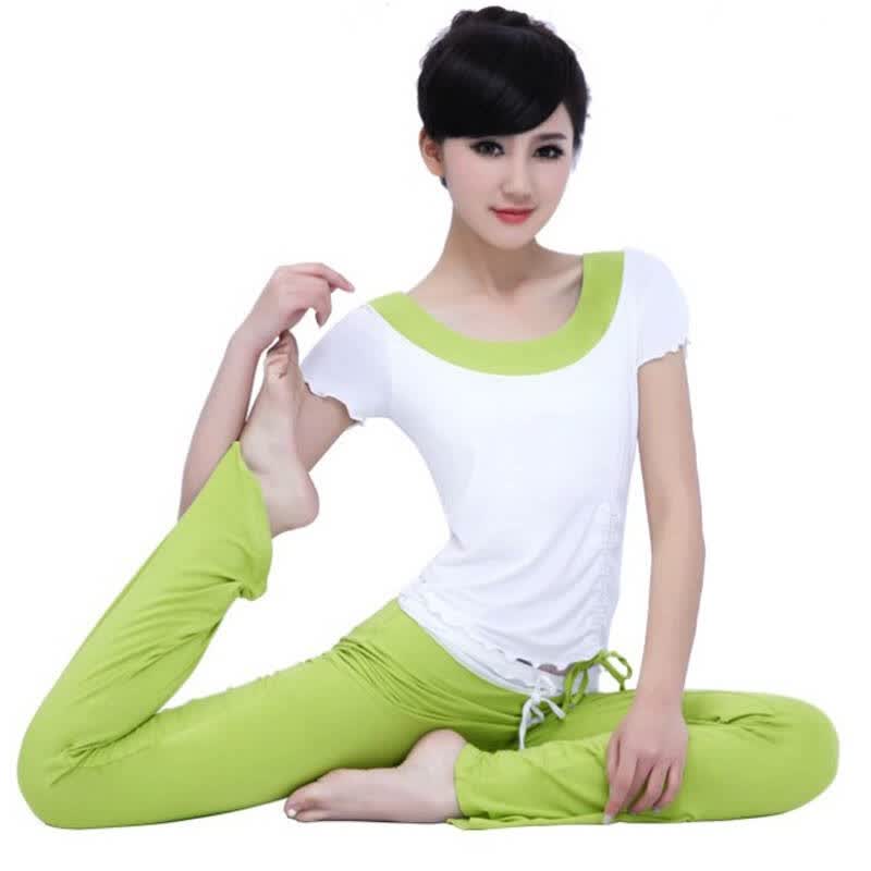 春夏瑜伽服白色拼绿色瑜伽长袖短袖套装舞蹈服运动服修身显瘦裤子上衣
