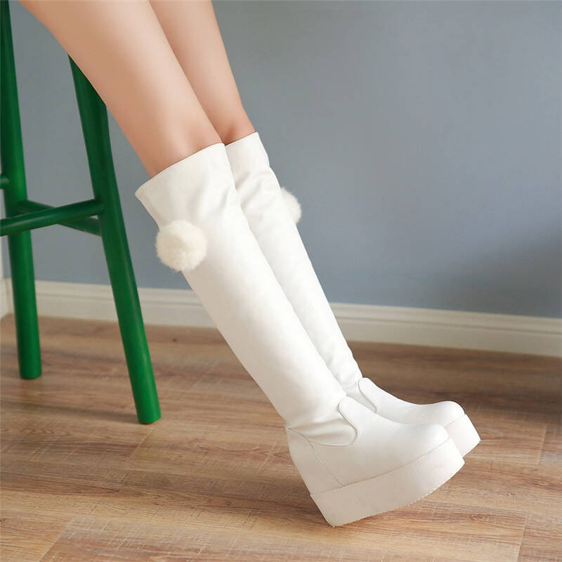 款时尚甜美舒适绒里兔毛厚底内增高大码长筒女靴 纯色套筒雪地靴 白色
