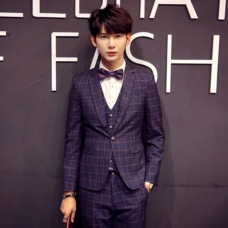 古仕卡特2015新款潮男格子西装三件套韩版修身西服套装结婚礼服 灰色