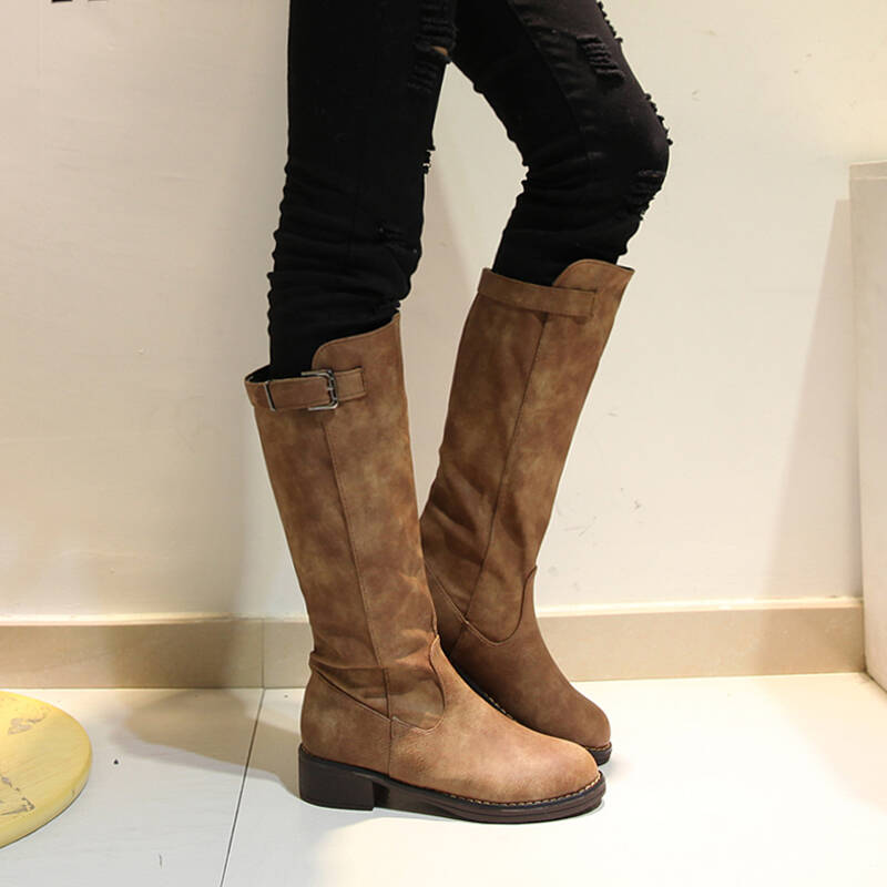 歌山品悦 2015欧美时尚高筒低跟女靴纯色套筒骑士靴 棕色 35