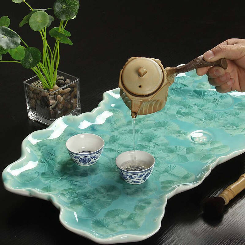 艺宏堂 荷叶造型陶瓷茶盘 整块陶瓷茶具茶盘 茶盘排水
