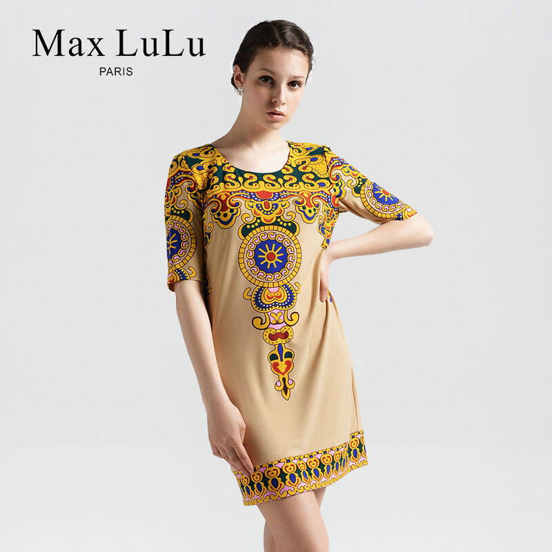 maxlulu 2014夏季新品欧美风时尚印花圆领短袖连衣裙大码zl16219 米