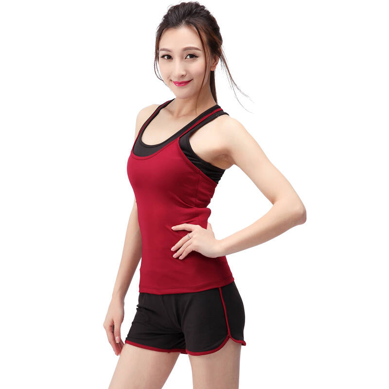 依琦莲瑜伽服女套装三件套夏 短袖新款速干健身跑步运动服 酒红灰短裤