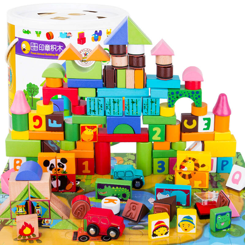 一点桶装木制积木玩具 大块场景拼插2-3岁小孩实木质袋装拼图 幼儿园