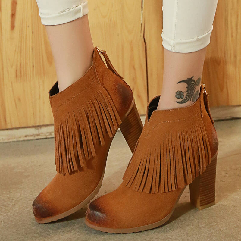 牛皮女式靴子牛反绒女鞋 流苏踝靴粗跟高跟短靴女靴休闲鞋 9041 棕色
