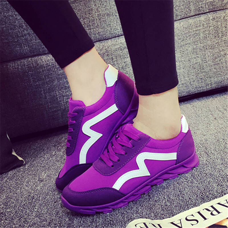 韩版运动风板鞋女减震平底单鞋跑步鞋运动鞋系带松糕跟 紫色 38