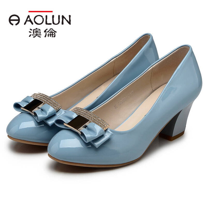 aolun/澳伦 新款 正品 漆皮女鞋圆头中跟粗跟通勤纯色蝴蝶结女单鞋