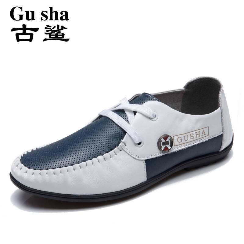 古鲨正品男鞋男士时尚休闲鞋英伦透气皮鞋系带真皮豆豆鞋lls09149981