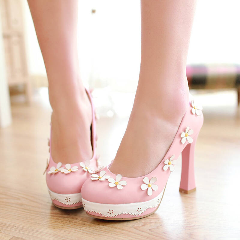 雪莲丝曼 甜美日系风粉色公主高跟鞋甜美碎花朵装饰防水台高跟鞋 粉红