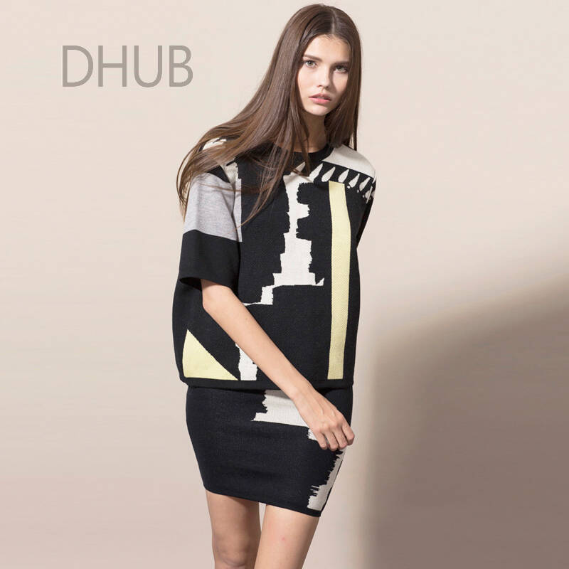 dhub 设计师孔南南 黄竖条抽象风景提花中袖套头羊毛衫 30%美丽诺羊毛