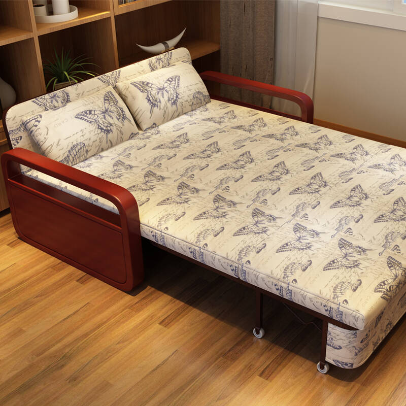 宜沃实木沙发床布艺拆洗双人1.2米1.5米多功能可折叠