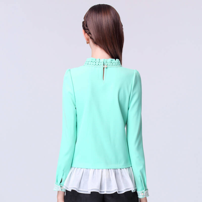 欧昵雪2015秋装新款上衣韩版纯色镂空蕾丝拼接修身假两件雪纺衫女