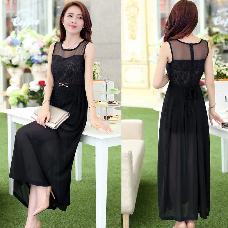 zilingxiang2014新款雪纺连衣长裙夏 修身蕾丝长裙女气质仙女裙 全国