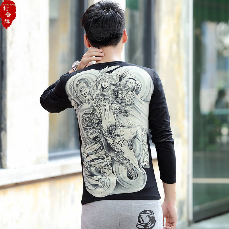 秋季新品 男士中国风修身长t恤 原创霸气刺青战神赵子龙 复古纹身潮男