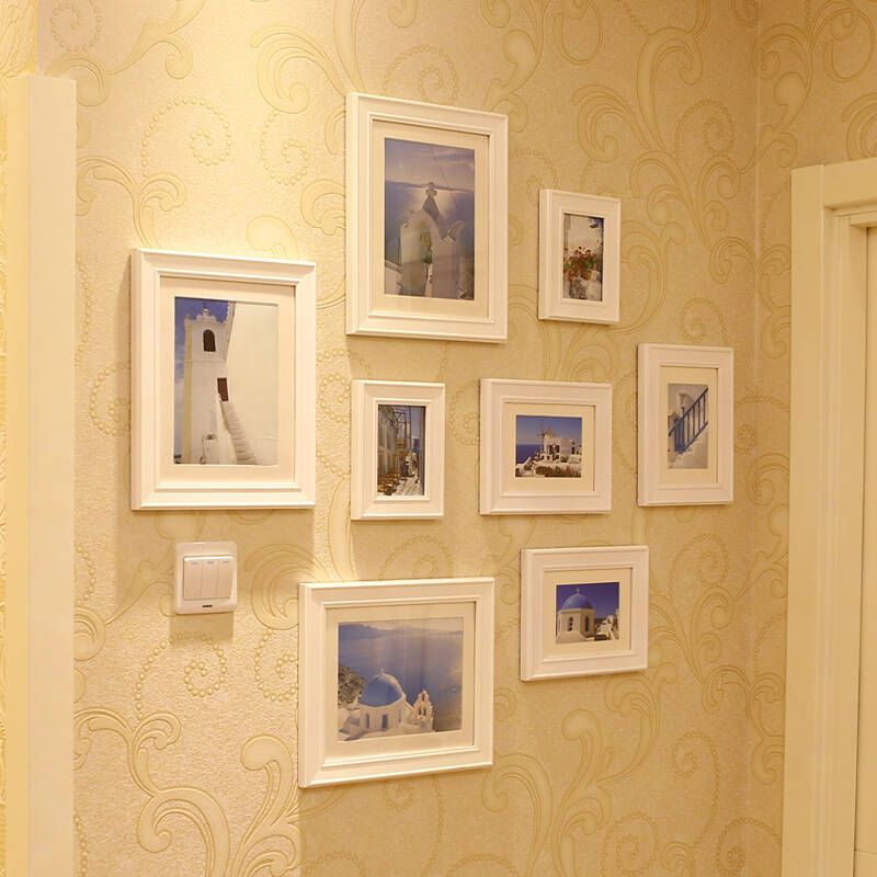 维佳 欧式8框实木照片墙组合高档加宽加厚创意卧室相片墙 白色送地