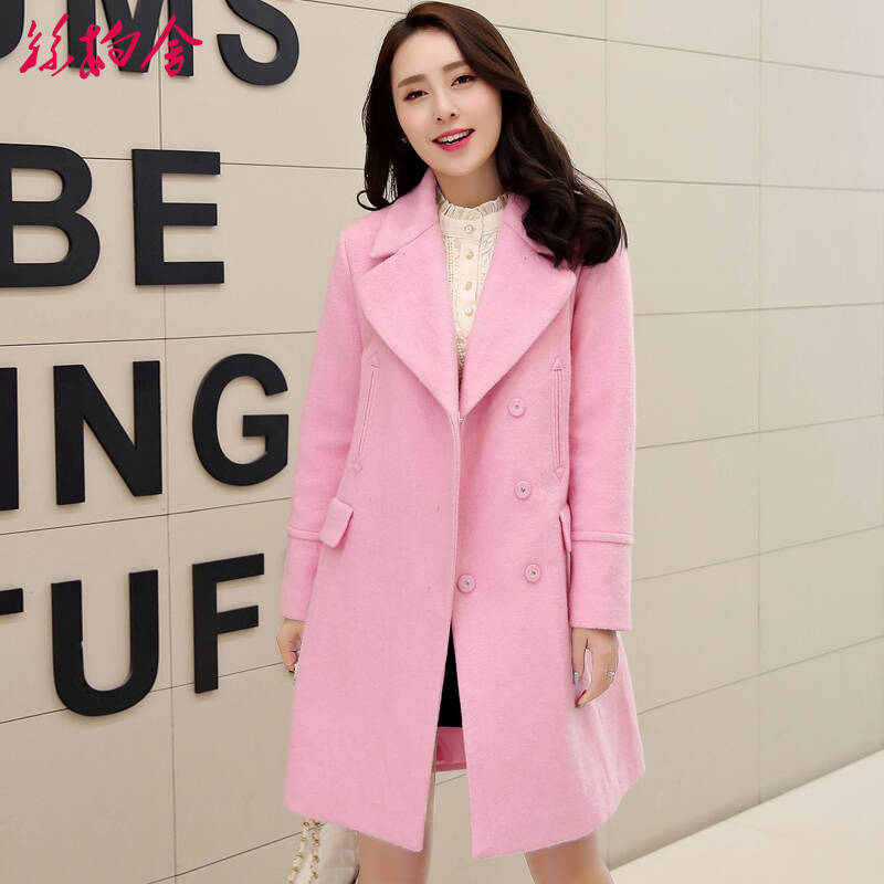 2015年冬季新款女装韩版翻领羊毛呢外套大衣修身保暖036815 粉色 xl