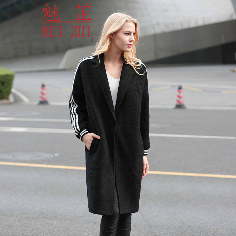 魅芷2015秋冬毛呢外套女中长款休闲百搭呢子大衣棒球服 黑色 m