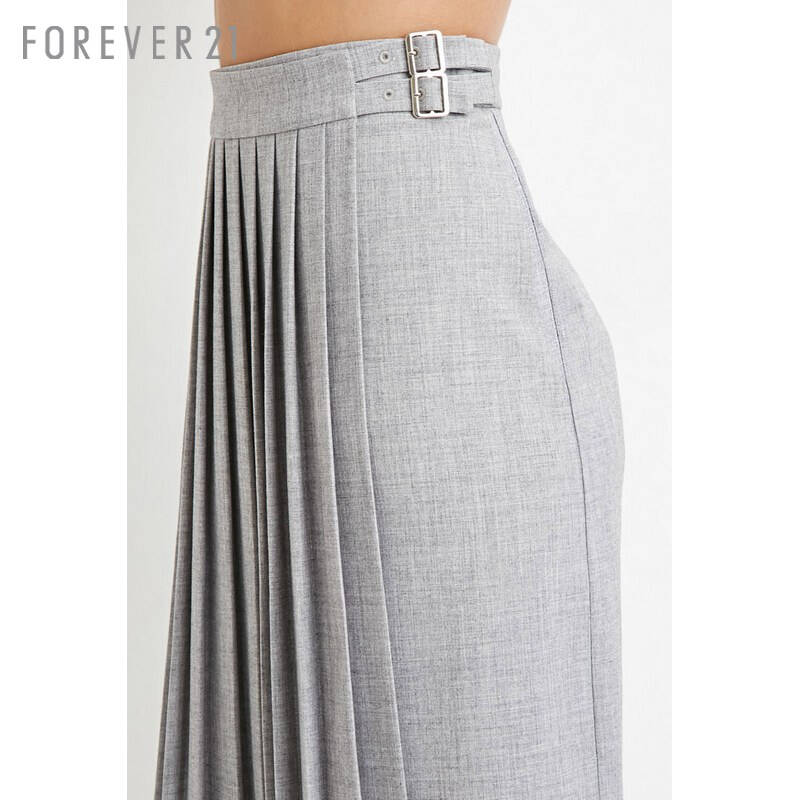 forever21 搭扣百褶及膝半身中裙 麻灰色 m