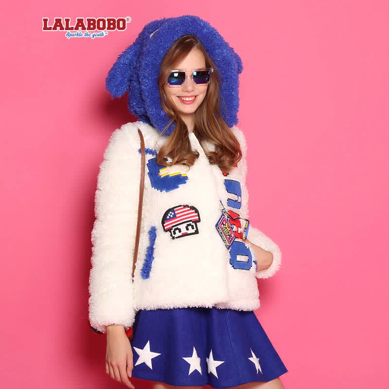 lalabobo 拉拉波波 秋冬新款女装时尚拼接像素毛头羽绒服 本白 m