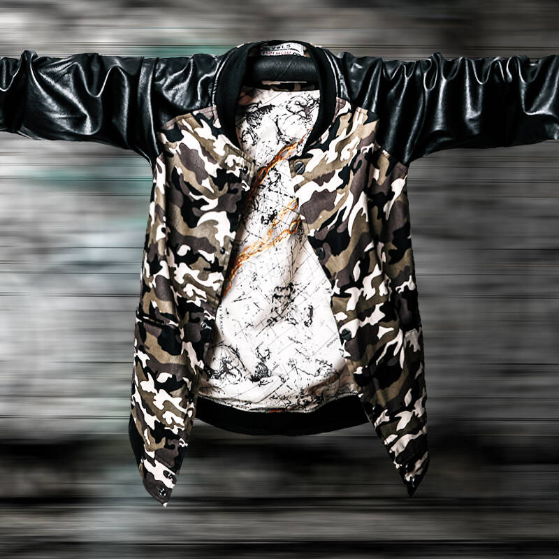 男迷彩拼皮夹克情侣款外套 050100033 绿卡其