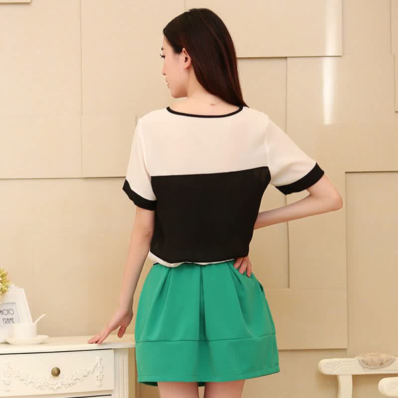 熙芙妮xevni2014夏装新款女装韩版印花修身撞色t恤短裙两件套休闲套装