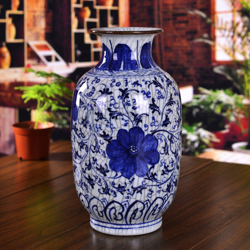 景德镇陶瓷器 手绘青花瓷仿古官窑开片花瓶 古典家居装饰品 冬瓜瓶