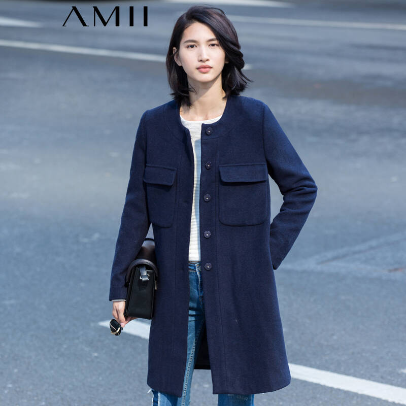 amii[极简主义]冬新贴袋暗门襟中长羊毛呢子外套1158188 墨蓝 m