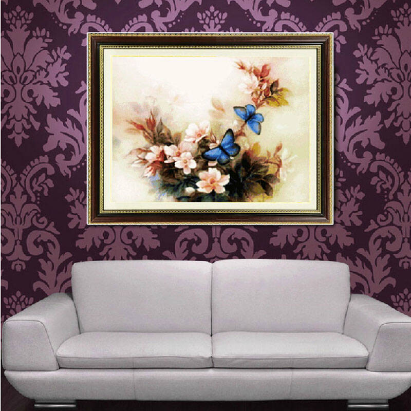 名帛家居十字绣牡丹花新款餐厅十字绣卧室客厅蓝蝴蝶印花系列画 满绣