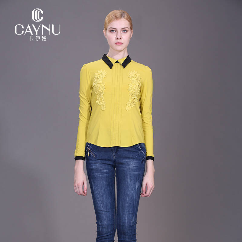 caynu卡伊奴2015秋冬新款假两件套头长袖衬衫打底衫上衣84302239 黄色