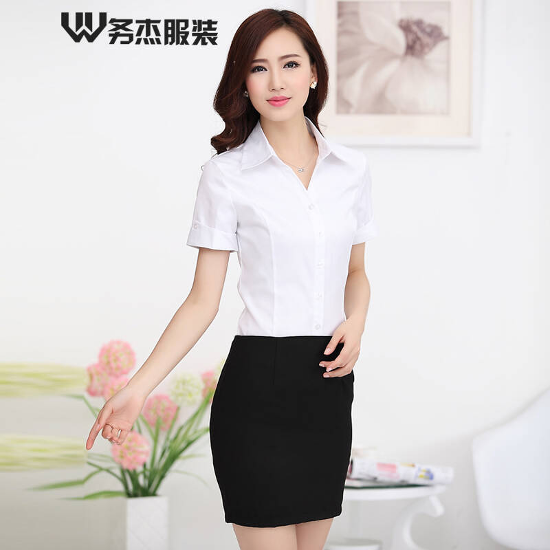 务杰2016新款职业装衬衫女夏短袖职业装裙ol修身女装韩版衬衣 白色
