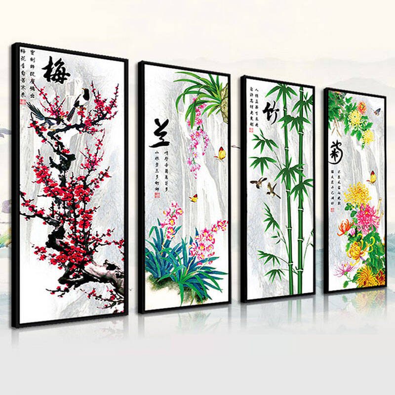 5d钻石贴画圆钻砖石十字绣水晶钻梅兰竹菊客厅新款套件竖版四联画玄关