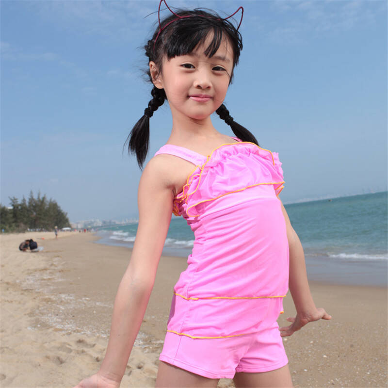 儿童泳衣 女童泳装分体平角大童泳衣温泉游泳装 粉红色40 l
