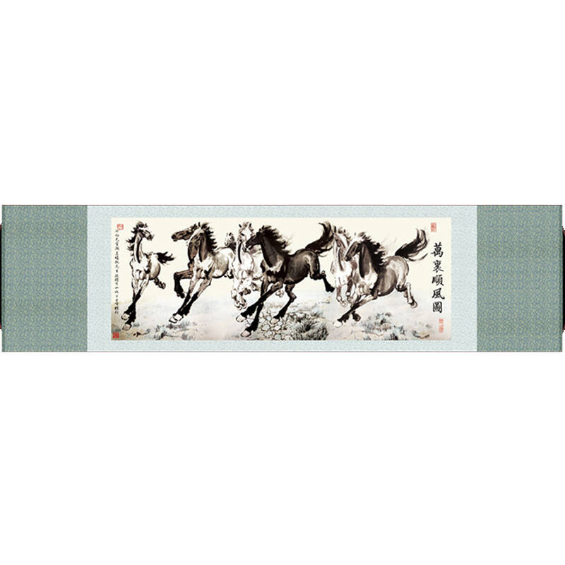 八骏图真丝画 万里顺风图丝绸画 挂画