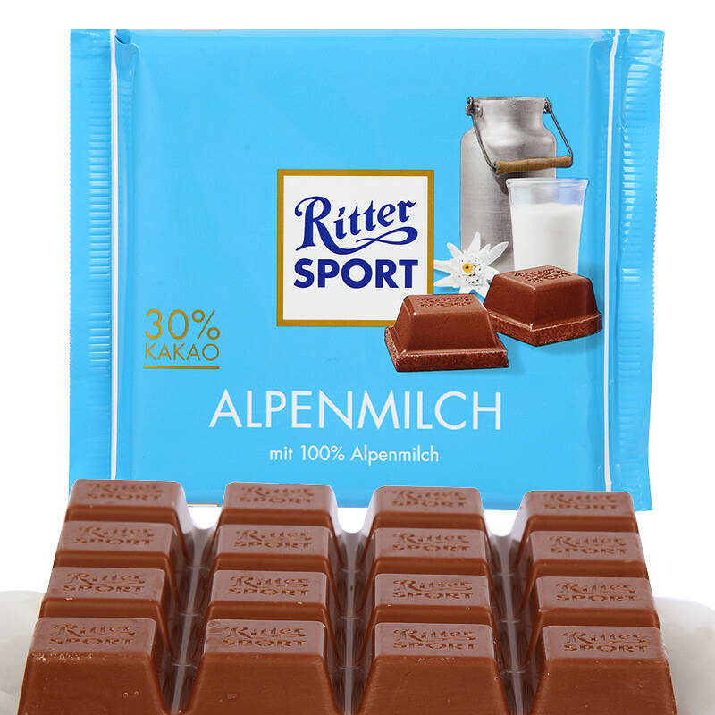 德国进口 rittersport瑞特斯波德巧克力 100g 阿尔卑斯牛奶