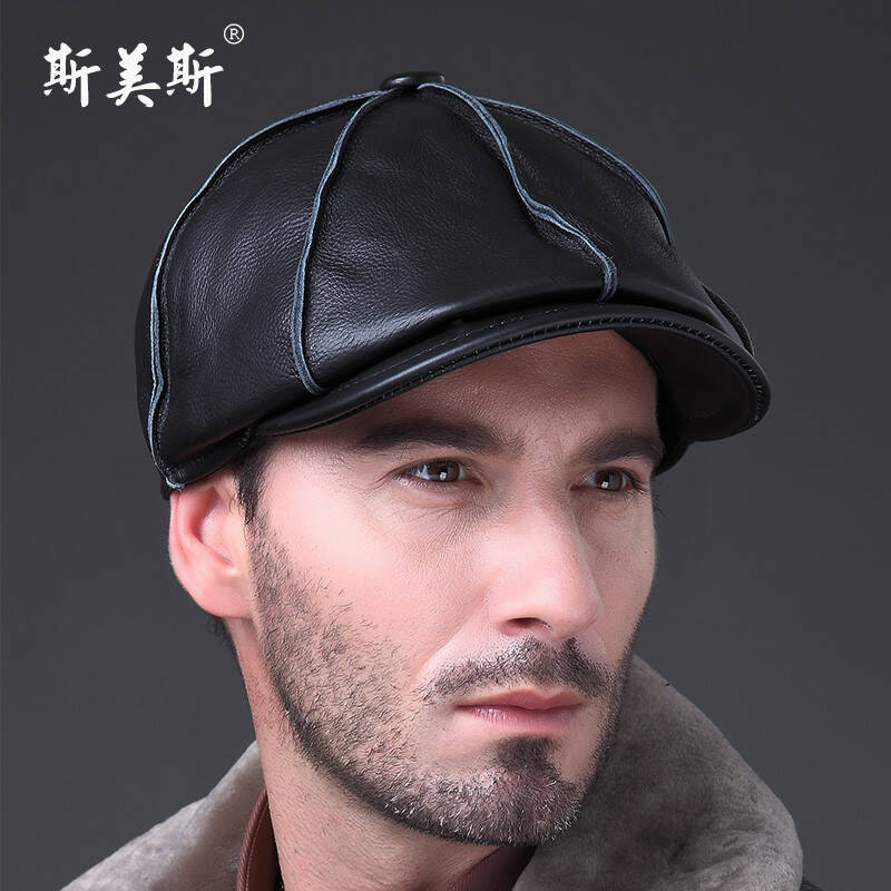 海宁真皮帽子男士八角帽鸭舌帽头层牛皮真皮皮帽子201