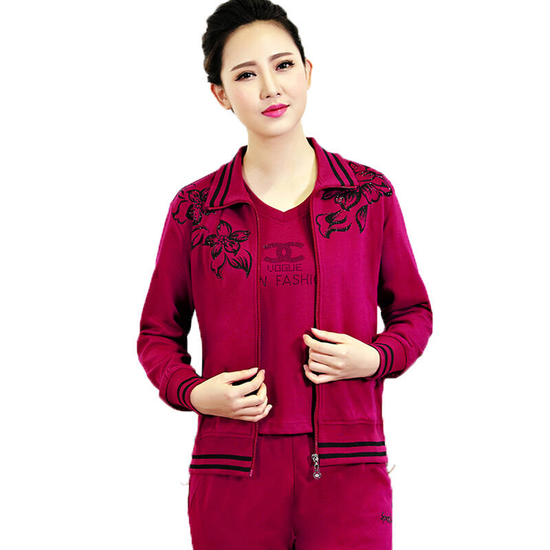 运动套装女款春季新款中老年印花修身三件套运动服女士大码休闲运动装