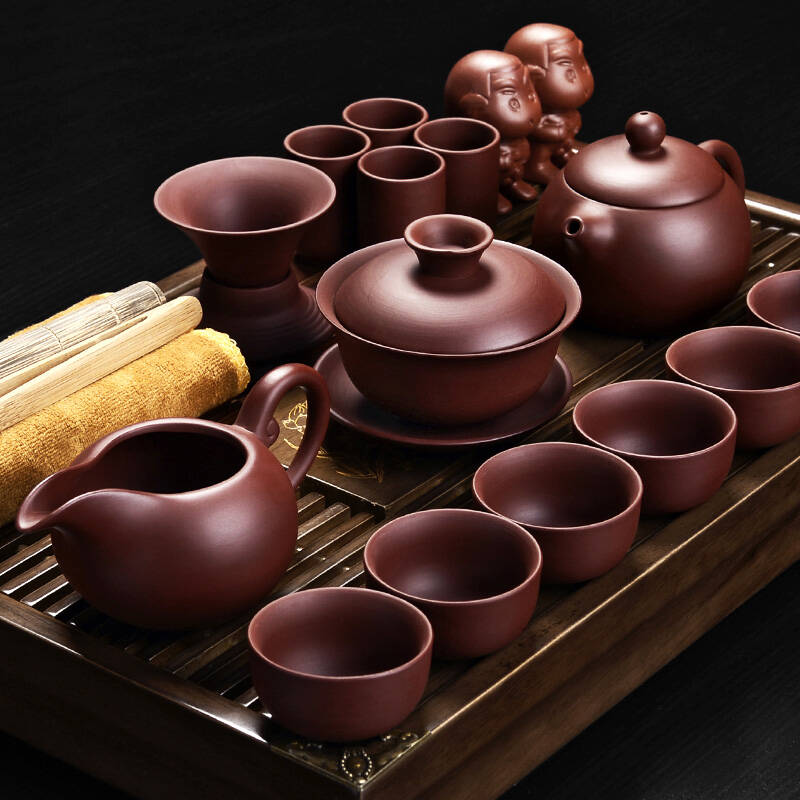 尚言坊茶具套装功夫茶茶盘实木茶海 宜兴紫砂壶整套茶具套装15件 棕色