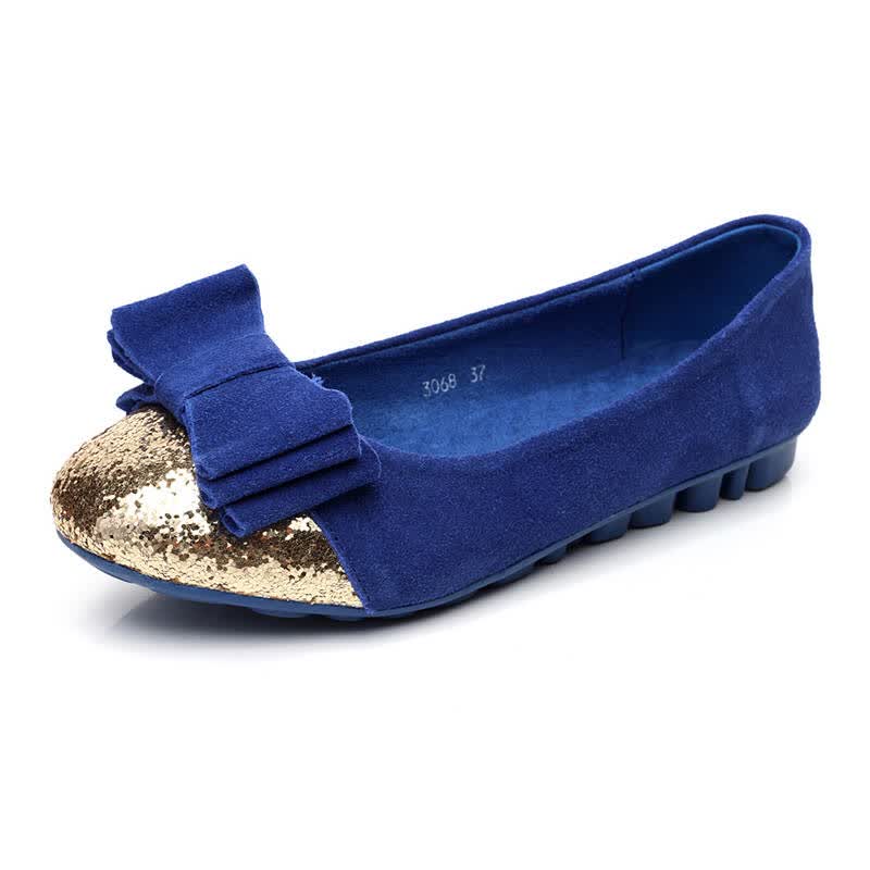 真皮平底鞋女鞋单鞋 夏女 平底透气鞋 蝴蝶结 孕妇鞋防滑平底鞋 蓝色