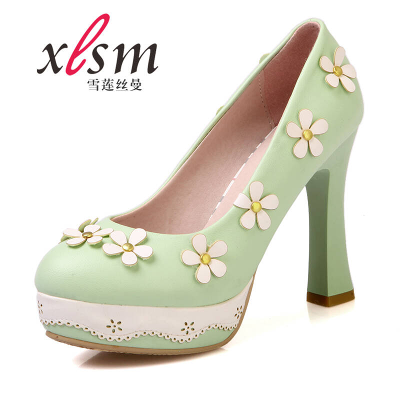 雪莲丝曼 甜美日系风粉色公主高跟鞋甜美碎花朵装饰防水台高跟鞋 绿色