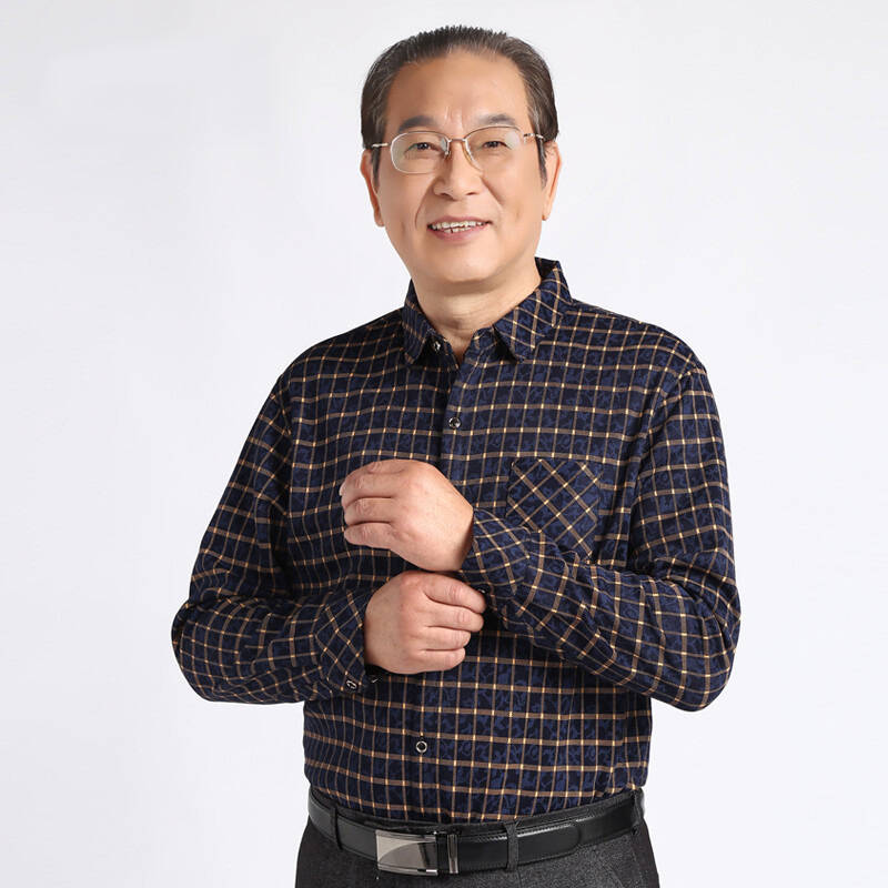amyy 中老年男士加绒加厚长袖衬衫秋冬老年格子衬衣男装商务休闲爸爸