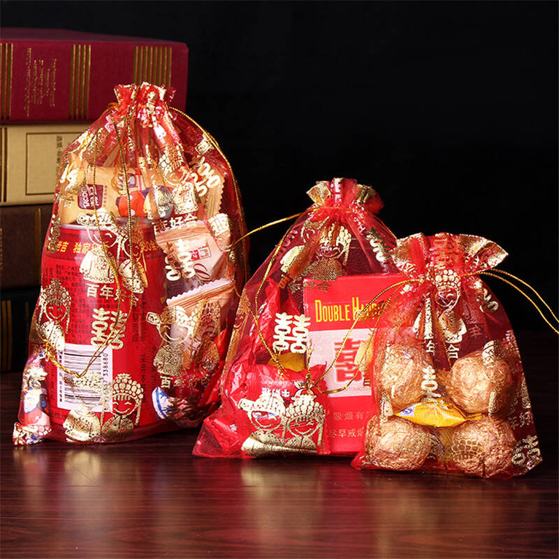 幽幽兔结婚用品喜糖盒包装 镂空纱袋中式喜糖袋子金色手提喜糖袋 可装