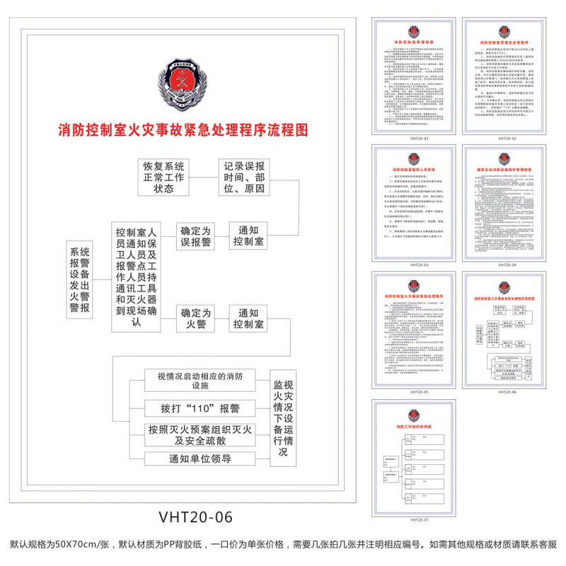 消防控制室制度牌挂图 火灾事故紧急处理程序流程图贴画vht20-06 户外