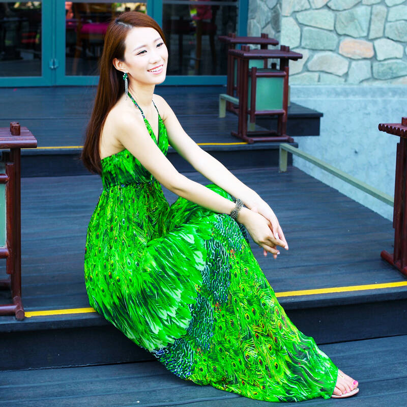 三纬2014夏季新款 v领波西米亚真丝连衣裙 孔雀羽毛花色修身长裙 绿色