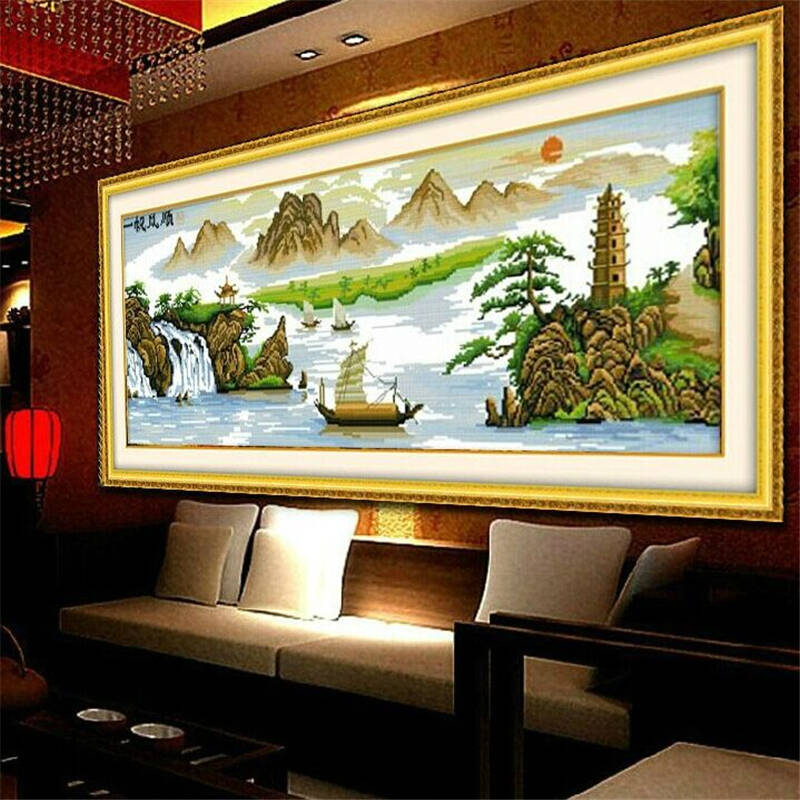 包邮 蒙娜丽莎十字绣新款客厅大幅精准印花装饰画一帆