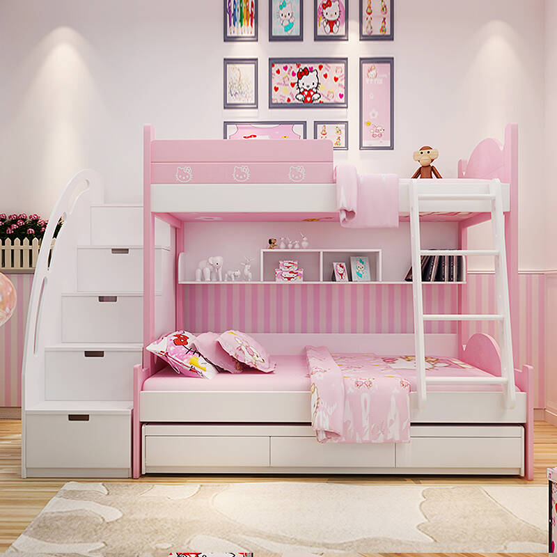 床上下床子母床粉色儿童床女孩高低床带梯柜护栏储物床粉色公主组合