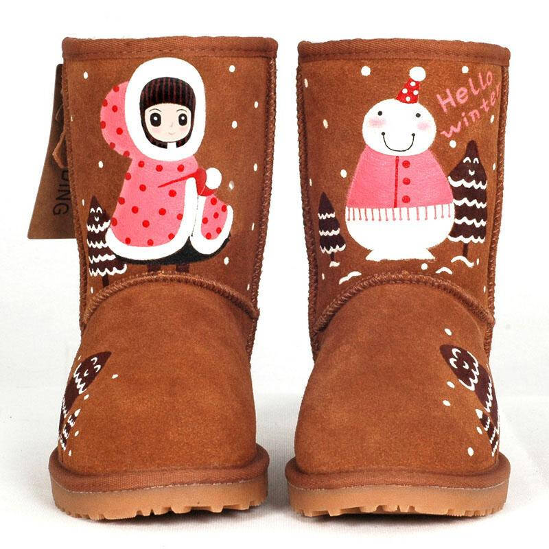 卜丁雪地靴 女 牛皮中筒靴 涂鸦雪地靴 手绘靴子 雪人