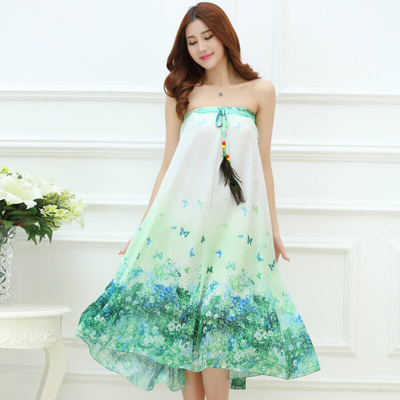 布幻裳半身裙长裙夏装女装大裙摆印花雪纺大摆裙两穿连衣裙子沙滩裙yh